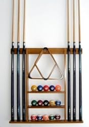 6PoolCue-BilliardStickWallRackMadeofWoodOakFinish