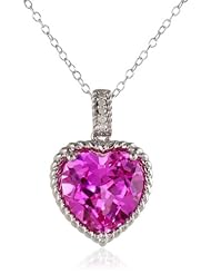 Sterling Silver Created Pink Sapphire and Diamond Heart Pendant Necklace (.02 Cttw, G-H Color, I2-I3 Clarity), 18"