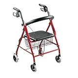 Walkabout Folding Deluxe Lite Rollator with Loop Brakes Padded Seat and Basket, Red