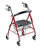 Walkabout Folding Deluxe Lite Rollator with Loop Brakes Padded Seat and Basket, Red