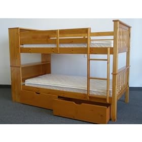 Bookcase Bunk Bed Twin over Twin Mission style in Honey with Drawers by Bedz King