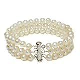 Sterling Silver 3-Row White A Grade 6.5-7mm Freshwater Cultured Pearl Bracelet, 8