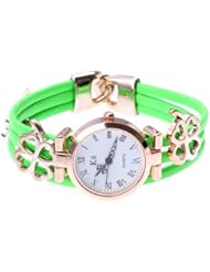 Women Quartz Wristwatch Bracelet Green PU Band Roman Numerals Acrylic Clover