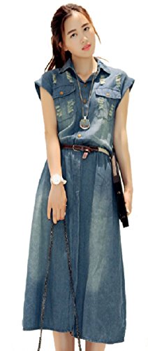 春夏物 デニムシャツワンピース マキシ丈ワンピース ロングスカート レディースファッション 半袖 ダメージ加工 スリット入り ポケット 大人きれいめ カジュアル デート アウトドア レジャー 通勤 通学 大きいサイズ 小さいサイズ オリジナルアクセサリー付属 lpsa100025