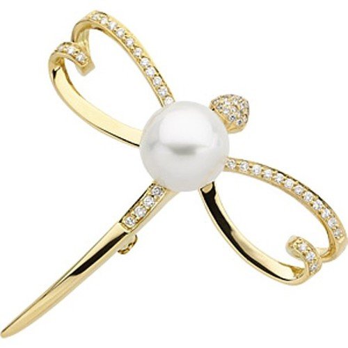 18K Yellow Gold Paspaley South Sea Cultured Pearl and Diamond Dragonfly Brooch