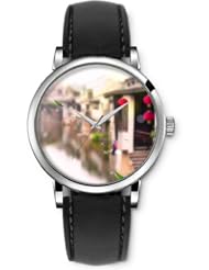 SPRAWL Aanalog Fashion Series Silver Ladies Watches of Genuine Black Leather Strap,Unique Wrist Watch for Women Girls Designed with Homes on Lakefront