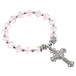 Religious Bracelet with Pink Rondell Faceted Beads and Crucifix- 5'' Overall Length - 7'' Stretchy Bracelet