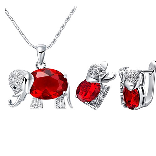 Jewelry Set, J.MOSUYA Ruby Swarovski Element Crystal Earring Pendant Necklace Set For Women Red
