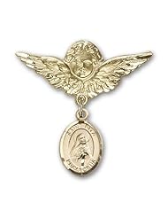 Gold Filled Baby Badge with St. Rita Baseball Charm and Angel with Wings Badge Pin