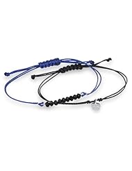 Sterling Silver Adjustable String Black String, Light Blue Crystal Beads and Denim Blue String, Sterling Silver Charm Bracelet Set