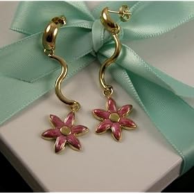 18K Gold Filled Daisy Dangle Enamel Post Earrings PINK New
