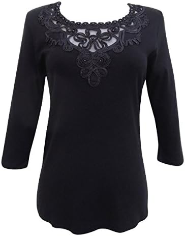 Nature Art Womens Lace Mesh Embellished Beaded Evening Top 3/4 Sleeves Black M