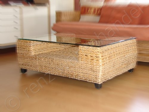 Rattan-Couchtisch mit Klarglasplatte + Ablagefach – Design 1