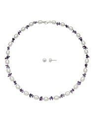 6-7mm White Freshwater Circled Oval Pearl and Amethyst Chip Necklace and Earring Set in Sterling Silver, Free Shipping and Gift Box