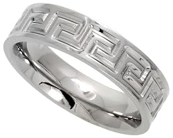 Surgical Steel Flat 6mm Wedding Band Ring Greek Key Carved-out Comfort-Fit, sizes 6 to 14