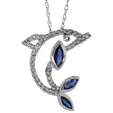 14k White Gold 18 in. Thin Chain & 3/4 in. (19mm) tall Dolphin Cut Out Pendant, w/ 0.50 Carat Brilliant Cut Diamonds & Marquise-shaped Blue Sapphire Stones