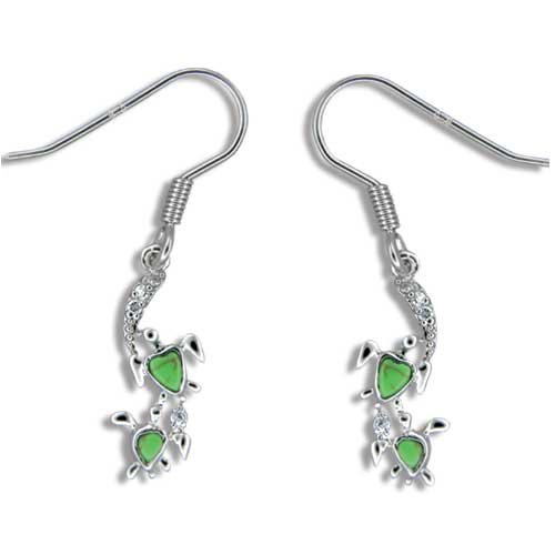 Sterling Silver Hawaiian Green Turquoise Mother and Baby Turtle Earrings