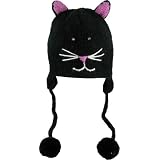DeLuxBlackKittyFaceWoolPilotAnimalCap/HatwithEarFlapsandPoms