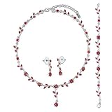 Silver Tone Red Crystal Wedding Bridal Necklace Earrings Bracelet 3-Piece Set