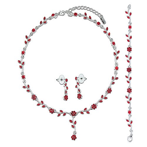 Silver Tone Red Crystal Bridal Necklace Earrings Bracelet 3-pcs Set