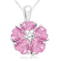 10k White Gold Created Pink Sapphire and Diamond Flower Pendant