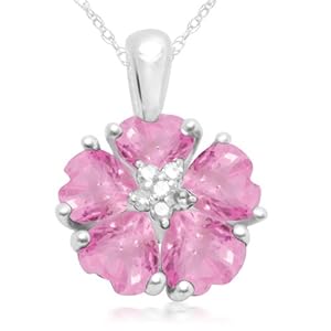 10k White Gold Created Pink Sapphire and Diamond Flower Pendant by