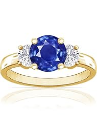 18K Yellow Gold Round Cut Blue Sapphire Three Stone Ring (GIA Certificate)