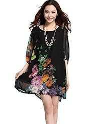 Chiffon Leopard Print Floral Print Puff Sleeves Short  Dress