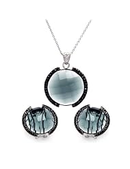 Nickel Free Sterling Silver Necklace & Earring Sets Round Dark CZ Set Pendant Diameter: 27.5mm Earring Diameter: 22.25mm Adjustable Chain Included