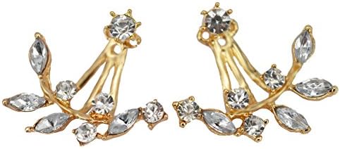 18k Gold Plated Leaf Earring Crystal Jacket Double Sided Swing Ear Studs Earrings (Gold)
