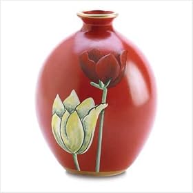 HAND PAINTED TULIP VASE FLORAL RED ROUND POT