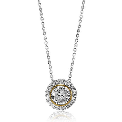 Sterling Silver Round Cubic Zirconia Solitaire Pendant w/ Side Stones