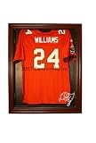 Tampa Bay Buccaneers Football Jersey Display Case Cabinet Style with Mahogany Finish Frame