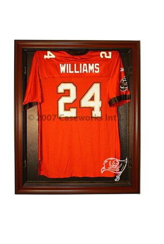 Tampa Bay Buccaneers Football Jersey Display Case Cabinet Style with Mahogany Finish Frame