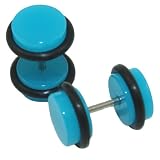 Fake Cheaters Illusion Ear Plugs (Color Turquoise Blue, Shaft Size 16G or (1.2mm), Appearance 0G or 8mm Medium, SOLD as a Pair)