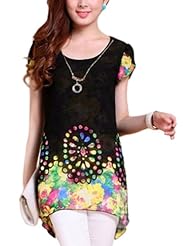 Apparel: Imixcity Women Floral Blouse Chiffon Shirt Loose Tops (2XL, Black)