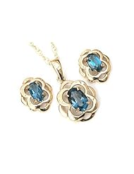 Peninsula Jewellery 9Ct Gold London Blue Topaz Celtic Pendant And Stud Earring Set