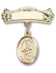 Gold Filled Baby Badge with St. Jane of Valois Charm and Arched Polished Badge Pin