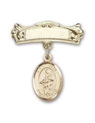 14K Gold Baby Badge with St. Jane of Valois Charm and Arched Polished Badge Pin