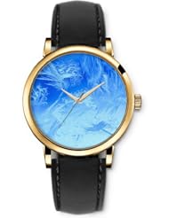 SPRAWL Aanalog Fashion Series Gold Ladies Watches of Genuine Black Leather Strap,Unique Wrist Watch for Women Girls Designed with blue feathers