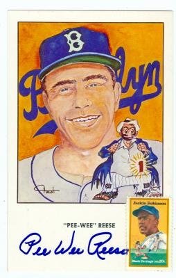 Pee Wee Reese Autographed/Hand Signed postcard 3.5x5.5 (Brooklyn Dodgers) Jackie Robinson Stamp (67)