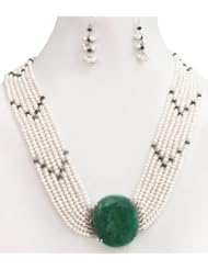 7 Strands Natural Beautiful Handcrafted Fresh Water Pear & Emerald Beaded Necklace with 925 Sterling Silver Oval Emerald Clasp + Free Earrings