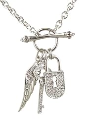 Silver Rhodium Plated Juicy Inspired Crystal Pavé Padlock, Key and Angel Wing Multicharm Front Toggle Couture Necklace