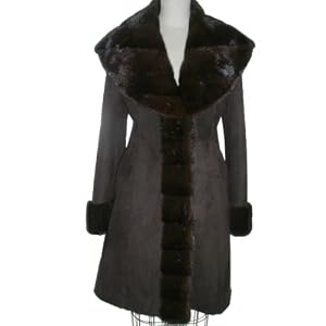 Buy Dark Brown Merino Hooded Shearling Stroller w Large Mahogany Mink Shawl Collar and Cuffs. by FursNewYork