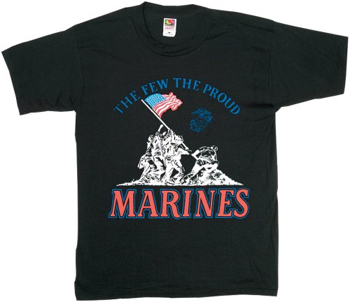 The Few The Proud MARINES w Soldiers Planting Flag - Black One-Sided Military Logo T-Shirt / Tee