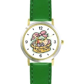 Easter Egg Basket Easter Theme - WATCHBUDDY� DELUXE TWO-TONE THEME WATCH - Arabic Numbers - Green Leather Strap-Children's Size-Small ( Boy's Size & Girl's Size )