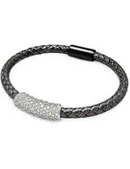 .925 Sterling Silver Black Rhodium Plated Braided Italian Bracelet Band with Rhodium Plated Pave CZ Bar Center - 7" Inches