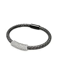 Rhodium Cubic Zirconia Bar On A Black Rhodium Plated Sterling Silver Italian BraIDed Band Bracelet Length 7 " Bar Width 8mm Lock Magnetic