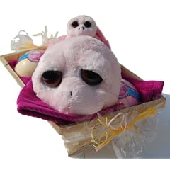 Geschenkset f�r Kinder, 5 tlg. Pl�schtier Russ Berrie Schildkr�te rosa mit Baby, 2 x Badebombe mit Spielzeug, Handtuch 50x30 lila-pink im Bambuskorb