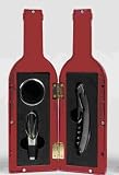Produkt-Bild: Weinzubeh&ouml;r als Geschenkset, Sommeliermesser, Weinkragen und Ausgie&szlig;er in roter Flasche (Z204A)